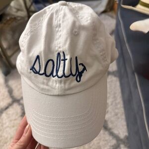 White embroidered "Salty" baseball hat